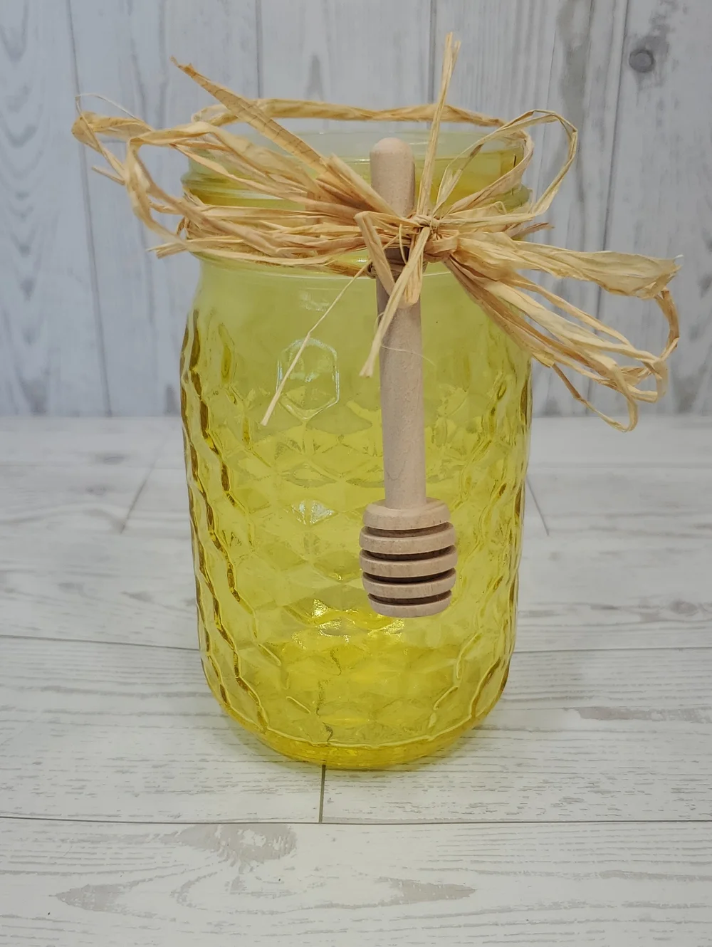 Honeycomb Pattern Decorative Glass Vase Jar with Wooden Honey Dipper Accent